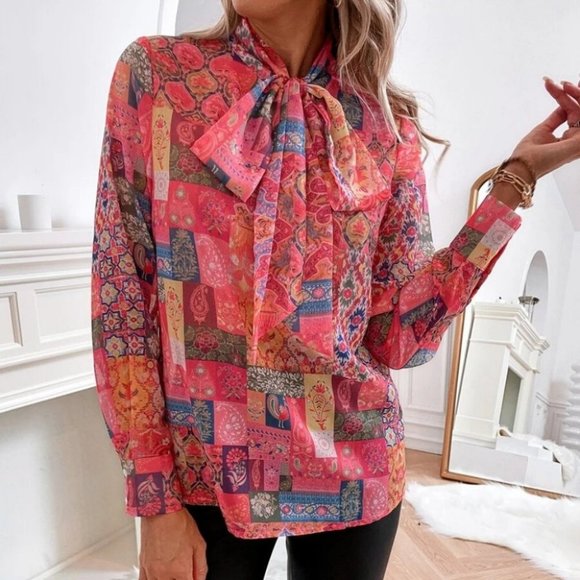Boho Patchwork long Sleeve Tie Neck Blouse Multi color - Picture 2 of 10